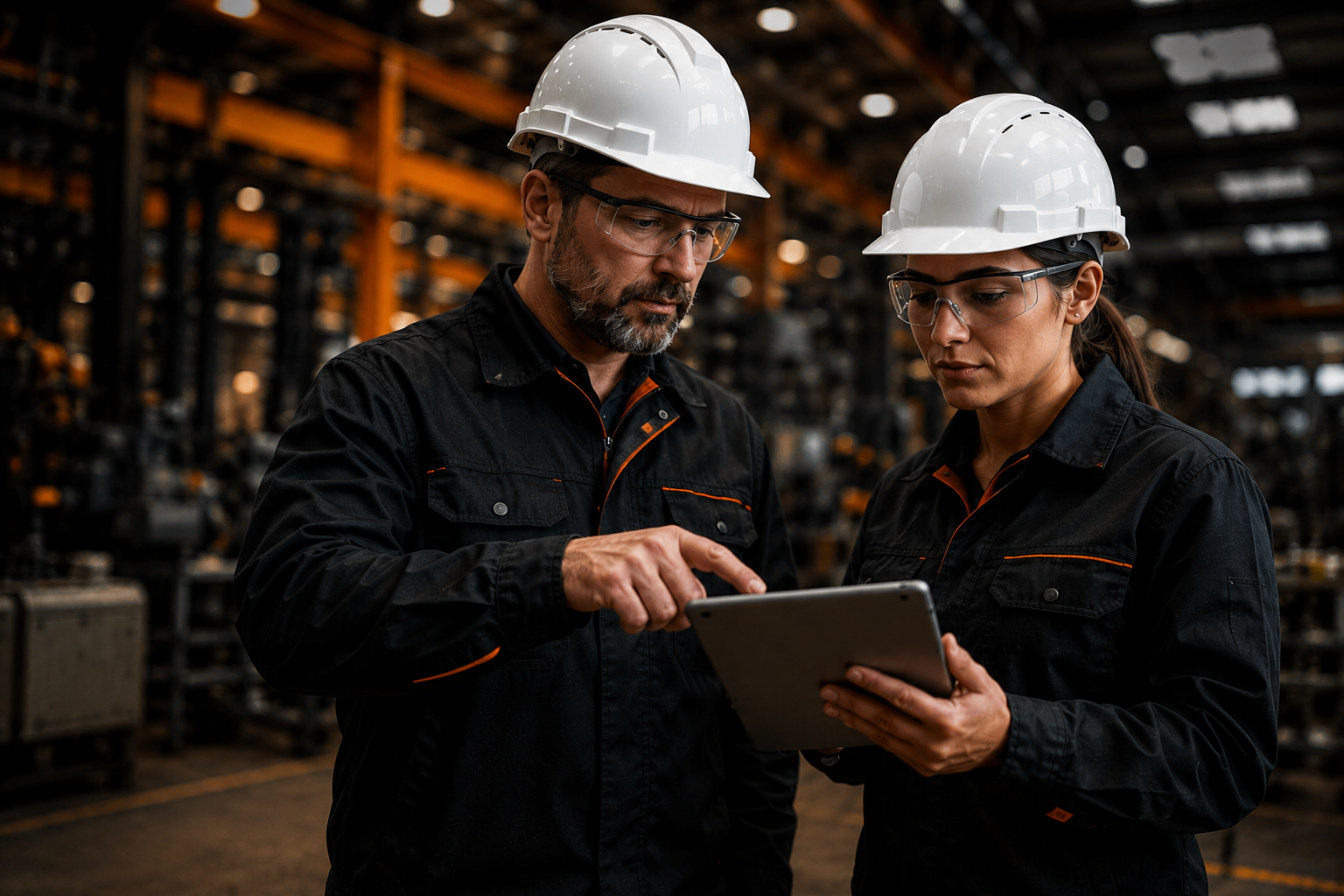 Liderança operacional acompanhando indicadores em tablet no chão de fábrica