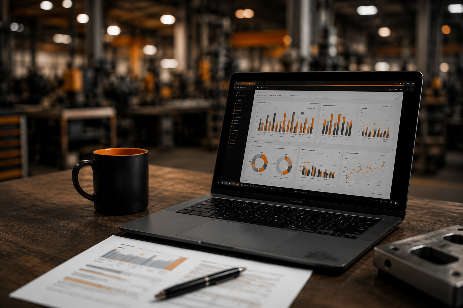 Dashboard de indicadores em laptop sobre bancada industrial — gestão de metas e PDCA com cadência
